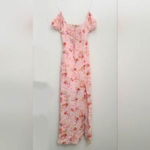 Liberty Love Medium Floral Print Pink Dress Thigh Slit Puffy Sleeves